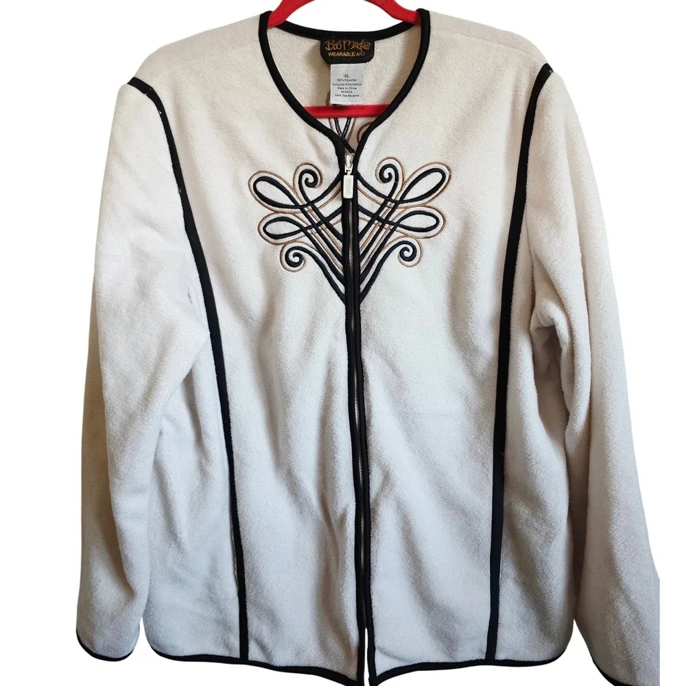 Bob Mackie XL Wearable Art Cream Fleece‎ Zip Up Jacket Embroidered Scrollwork